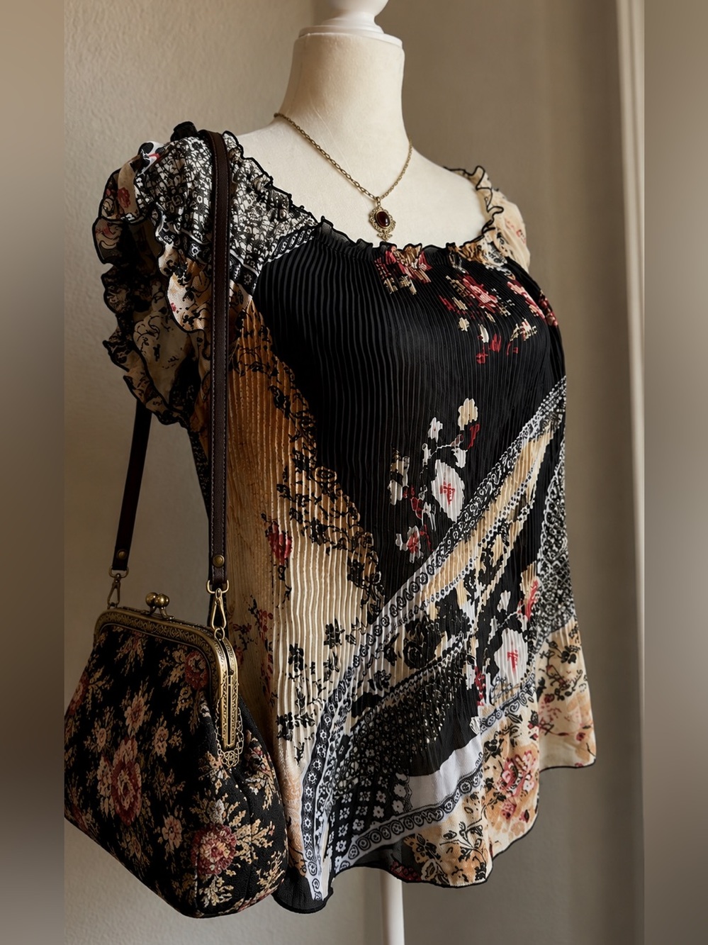 Patchwork Floral Pleated Blouse Sheer Ruffle Sleeve Top Boho Cottagecore S/M